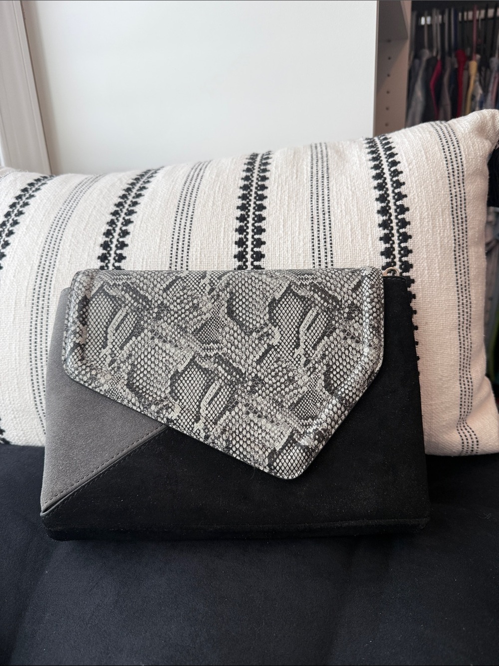 White House Black Market Black and Gray Snake-Print Envelope Clutch